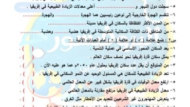 اسئله على درس نمو وتوزيع سكان قاره افريقيا للصف الاول الاعدادي دراسات الترم الثاني 2025 pdf